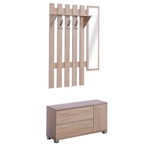 Conjunto de Recibidor de Entrada con Espejo Perchero y Zapatero Muebles de Entrada con 3 Ganchos Estante y 2 Cajones para Pasillo Roble
