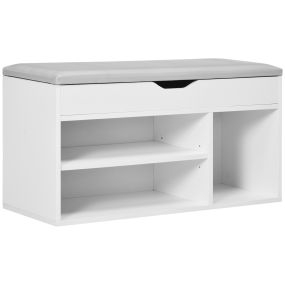 Armario zapatero con asiento, estantes, cajón y cojín, 2 niveles, blanco, 80x30x43 cm