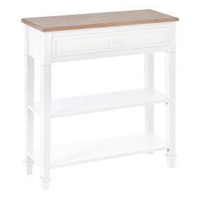 Mesa consola multifuncional de pino natural y blanco con 2 estantes y 1 cajón 75,6x27,5x80,5 cm