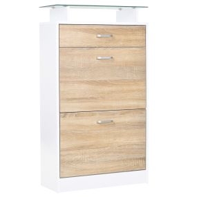 Mueble zapatero con 3 cajones, estante de vidrio y asa de aluminio, 60x24x105,5 cm, natural
