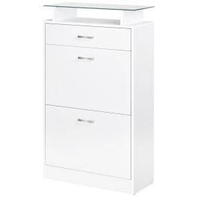 Mueble zapatero con 3 cajones, estante de vidrio y asa de aluminio, blanco, 60x24x105,5 cm