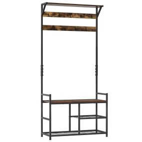 Perchero con zapatero de entrada estilo industrial 3 estantes 9 ganchos patas ajustables negro marrón 84,5x34,5x180 cm