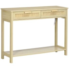 Mesa consola de entrada con 2 cajones, superficie de ratán y estante inferior, 100x30x76 cm natural
