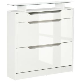 Mueble zapatero estrecho de 2 puertas para 16 pares con cajón, estante abierto y encimera de vidrio, blanco 89x23x96 cm