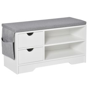 Banco zapatero con asiento 2 estantes 2 cajones cojín extraíble blanco y gris 80,5x30,5x43,5 cm
