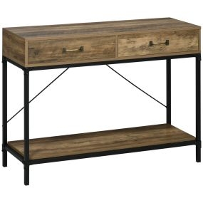 Mesa de Consola Industrial, Mesa de Sofá con 2 Cajones y Estante, Consola para Recibidor con Patas de Metal, para Salón, Pasillo, Entrada, Marrón y Negro