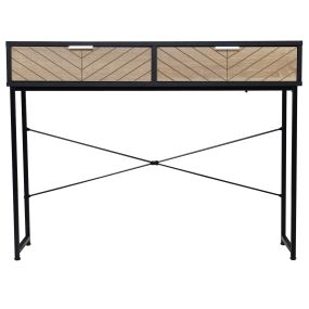 Mesa consola estrecha con 2 cajones diseño de líneas talladas 100x30x75 cm negro y roble