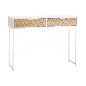 Mesa consola estrecha con 2 cajones, diseño de líneas talladas, blanco y roble, 100x30x75 cm