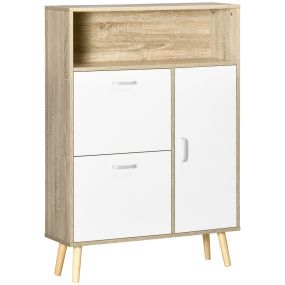 Mueble zapatero para 8 pares con 2 cajones abatibles, estante abierto y puerta 80x25,5x112,5 cm natural y blanco