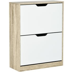 Zapatero estrecho de 2 puertas abatibles para 8 pares, 62,5x26x81 cm, roble y blanco