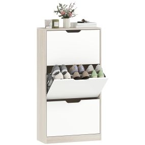 Zapatero estrecho de 3 puertas abatibles para 18 pares, roble y blanco, 62,5x26x117,5 cm