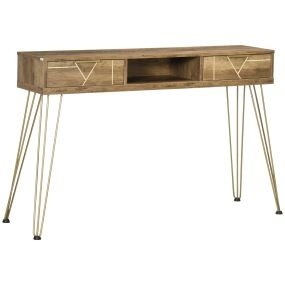 Mesa consola recibidor con 2 cajones, estante abierto y patas de acero, 120x29x79 cm, bronce