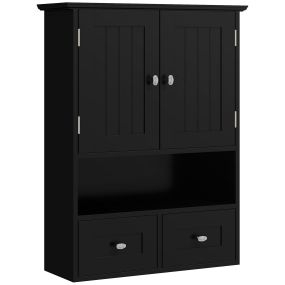 Armario de baño de pared negro con 2 puertas, 2 cajones y estante abierto 50,8x17,8x66 cm