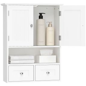 Armario de Baño de Pared, Armario Colgante, Mueble Suspendido de Baño, 2 Puertas con Cierre Magnético, 2 Cajones y Estante Abierto, para Cocina, Lavadero, 50,8x17,8x66 cm, Blanco