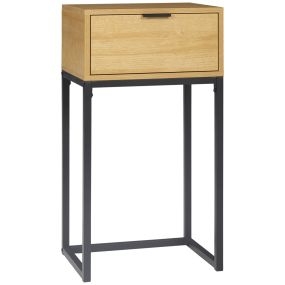 Mesa auxiliar moderna con cajón y patas de acero 40x30x76 cm natural