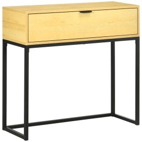 Mesa consola moderna con cajón, patas de acero, natural, 80x30x76 cm