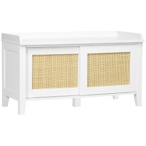 Banco zapatero con asiento de ratán estilo bohemio 2 puertas blanco y natural 80x35x45 cm carga 130 kg