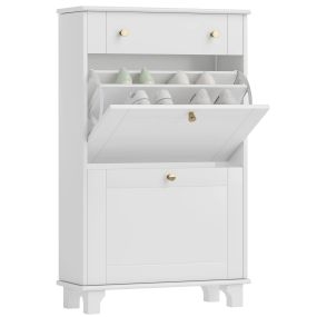 Mueble zapatero estrecho para entrada con 2 cajones abatibles y 1 extraíble, blanco, 60x23,5x98,5 cm