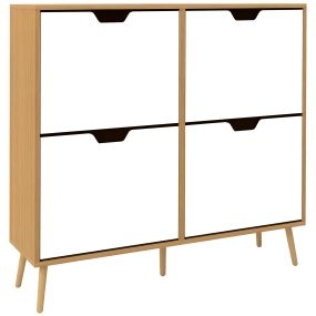 Zapatero estrecho con 4 cajones abatibles, patas de madera, 95x26x95 cm, blanco y natural