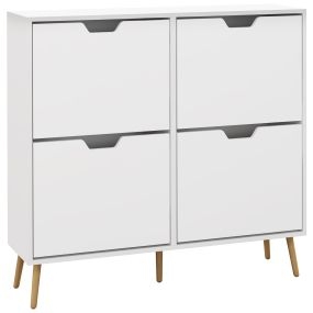 Zapatero estrecho blanco con 4 cajones abatibles, patas de madera, 95x26x95 cm