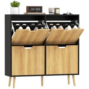 Zapatero estrecho con 4 cajones abatibles, patas de madera, 95x26x95 cm, natural y negro
