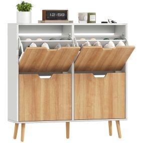 Zapatero estrecho con 4 cajones abatibles, patas de madera, 16 pares, 95x26x95 cm, natural y blanco