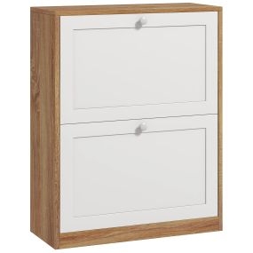 Zapatero estrecho de 2 puertas con estantes ajustables para 12 pares 60x24,5x75,5 cm natural y blanco
