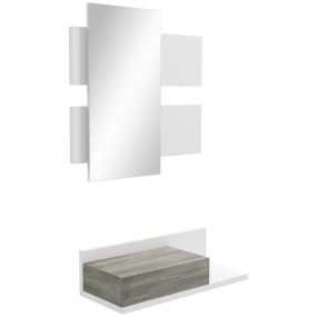 Juego de muebles de entrada con espejo y cajón colgante moderno blanco y gris 75x3,5x75 cm y 75x30,5x20 cm