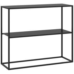 Mesa consola estilo industrial con estante, marco de acero y antivuelco, negro, 90x30x75 cm