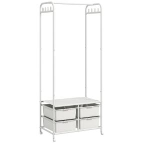 Perchero zapatero moderno con 8 ganchos, 4 cestas, ruedas y marco de acero blanco 63x37x153 cm