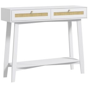 Mesa consola recibidor de ratán con 2 cajones y estante abierto 100x30x81 cm blanco