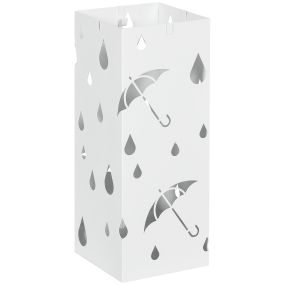 Paragüero de acero blanco con 4 ganchos y bandeja extraíble 15,5x15,5x41 cm
