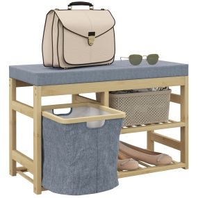 Banco zapatero de bambú con asiento, cesta extraíble y estantes abiertos 69x30x45 cm natural