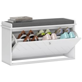 Banco zapatero moderno de madera blanco con asiento acolchado y estantes ajustables 80x26x48 cm