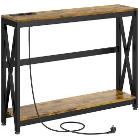 Mesa consola industrial con estación de carga 2 USB, 2 niveles, acero, marrón rústico, 100x24x75 cm