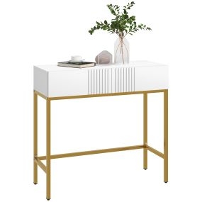 Mesa consola moderna con 2 cajones, patas de acero doradas, 80x31,5x75 cm, blanca