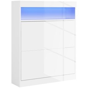 Mueble zapatero de recibidor blanco brillo con LED, estante abierto y 2 cajones, 80x24x99,5 cm