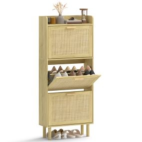 Zapatero estrecho con 3 cajones abatibles y estante abierto, patas de madera, roble, 65x24,5x153 cm
