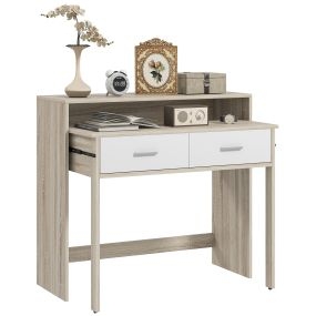 Mesa consola escritorio extensible de 2 niveles con 2 cajones y 2 ruedas antivuelco roble 95x35x87 cm