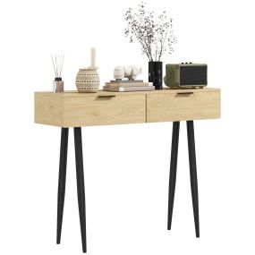 Mesa consola para recibidor con 2 cajones y patas de acero 100x30x80,5 cm roble