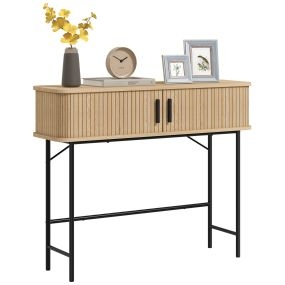 Mesa consola vintage para recibidor con 2 puertas correderas de tambor, roble, 100x30x80 cm