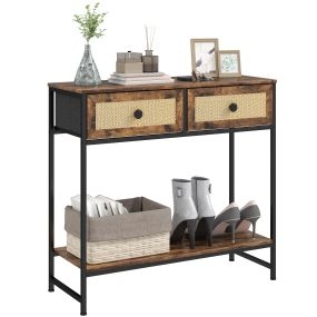 Mesa consola para recibidor con estante abierto y 2 cajones de ratán 80x30x75 cm marrón rústico