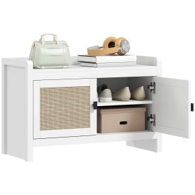Banco zapatero bohemio de ratán con puertas y estante extraíble 80x35x52 cm blanco
