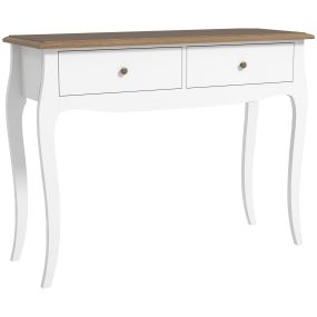 Mesa consola 100x35x76,5 cm con 2 cajones, estilo francés, blanco y marrón oscuro
