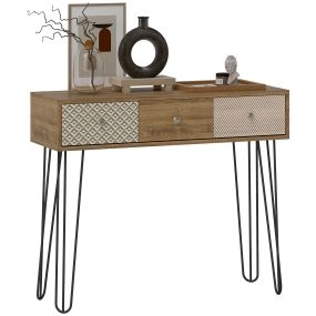 Mesa consola con 3 cajones, patas de acero tipo horquilla, color natural