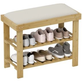 Banco zapatero de bambú con asiento acolchado, 2 estantes, 60x29x49 cm, natural y crema