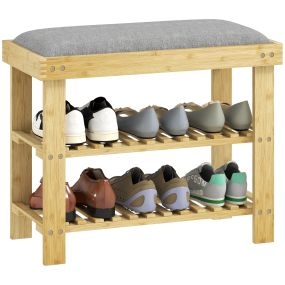 Banco zapatero de bambú con asiento acolchado, 2 estantes, 60x29x49 cm, natural y gris