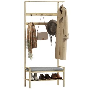 Perchero zapatero de entrada con 10 ganchos, banco, barra superior y compartimento 73,5x34x171 cm natural