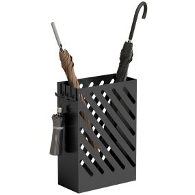 Paragüero de acero galvanizado negro con bandeja extraíble, 4 ganchos, 28x14x41 cm