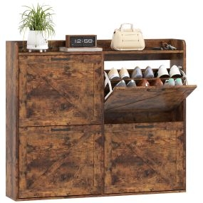 Mueble zapatero estrecho de 4 puertas estilo industrial 120x24x103 cm marrón rústico